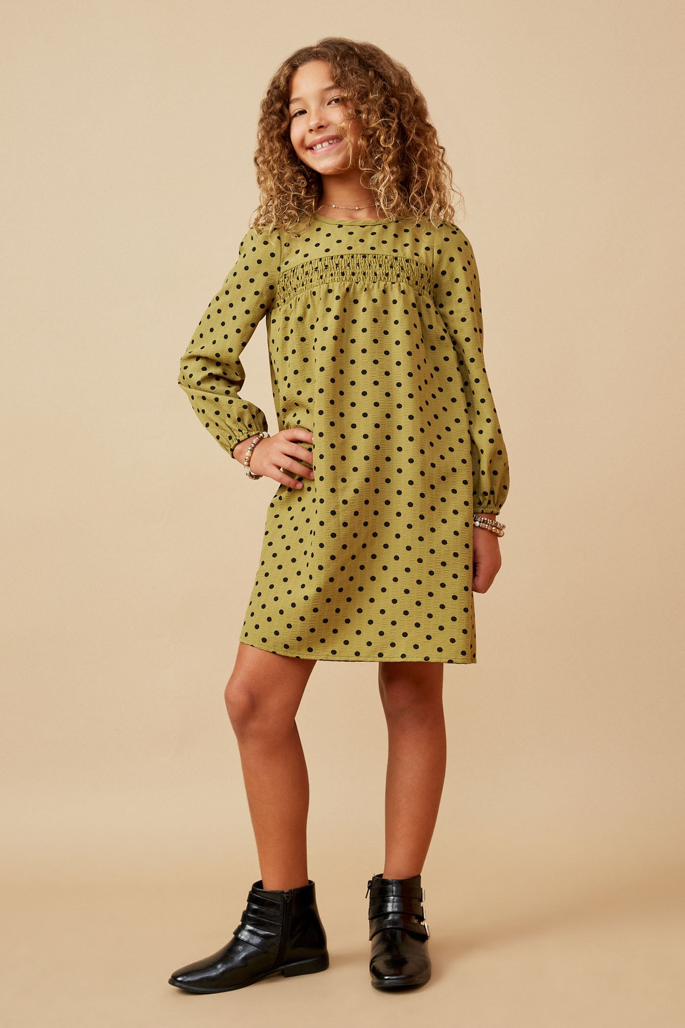 Smocked Detail Polka Dot Long Sleeve Dress