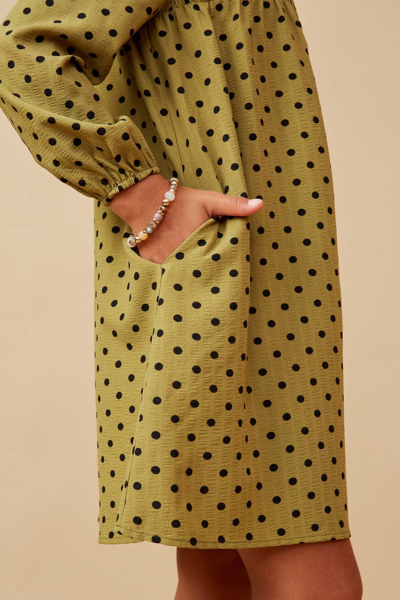 GK1405 Olive Girls Smocked Detail Polka Dot Long Sleeve Dress Detail