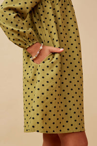 GK1405 Olive Girls Smocked Detail Polka Dot Long Sleeve Dress Detail