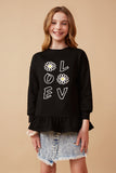 GK1416 BLACK Girls Mixed Love Graphic Drop Hem Tunic Front