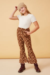 GK1430 BROWN Girls Floral Print Corduroy Bell Bottoms Pants Full Body