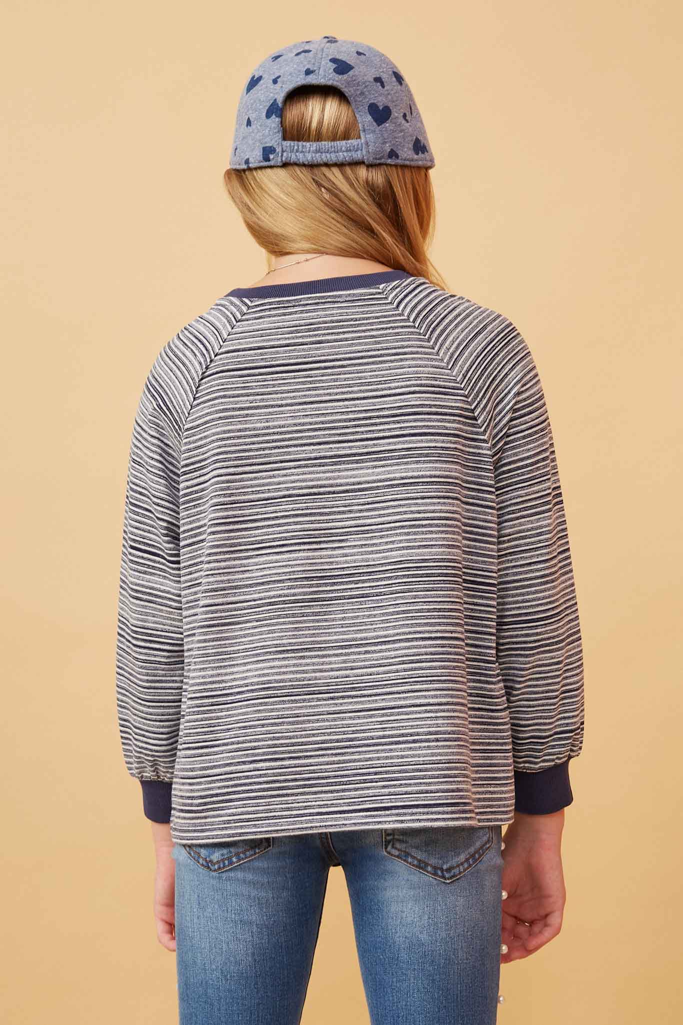 GK1437 Navy Girls Striped Contrast Banded Raglan Knit Top Back