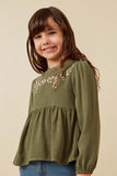 GK1449 OLIVE Girls Floral Embroidered Textured Peplum Top Front