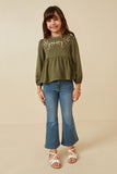 GK1449 OLIVE Girls Floral Embroidered Textured Peplum Top Full Body