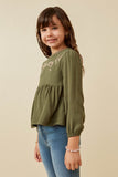 GK1449 OLIVE Girls Floral Embroidered Textured Peplum Top Side