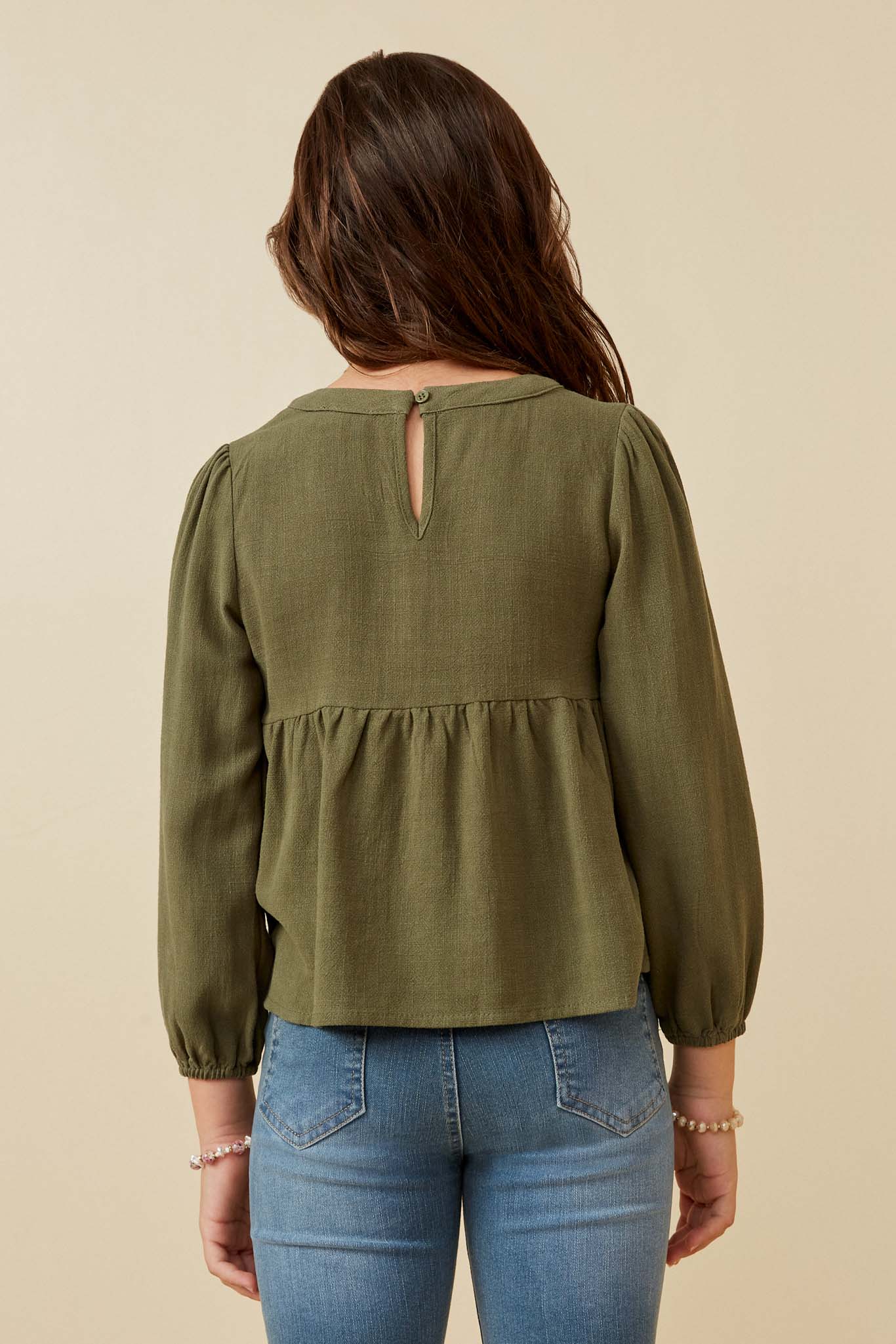 GK1449 OLIVE Girls Floral Embroidered Textured Peplum Top Back