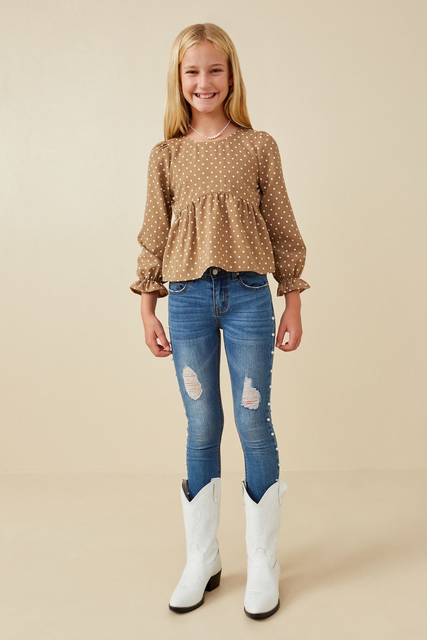 Polka Dot Cinched Cuff Peplum Top