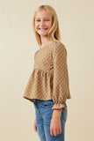 GK1457 Mocha Girls Polka Dot Cinched Cuff Peplum Top Side