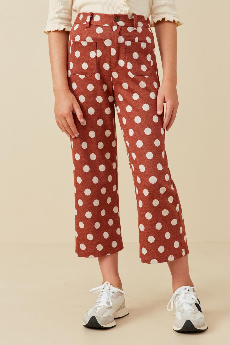 GK1462 RUST Girls Wide leg Polka Dot Patch Pocket Knit Pants Front