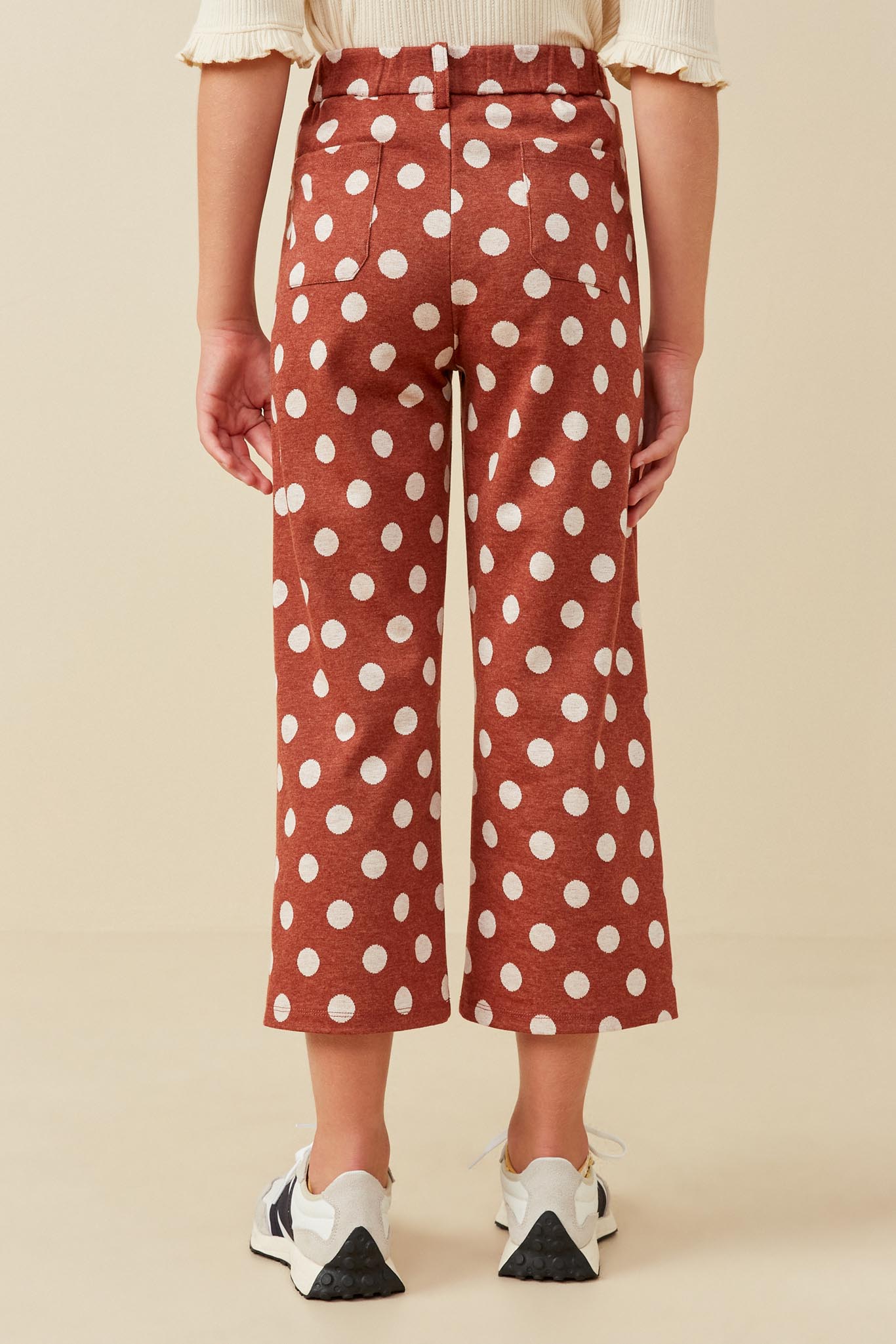 GK1462 RUST Girls Wide leg Polka Dot Patch Pocket Knit Pants Back