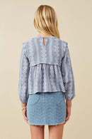 GK1466 Dusty Blue Girls Embroidery Printed Smocked Long Sleeve Top Back