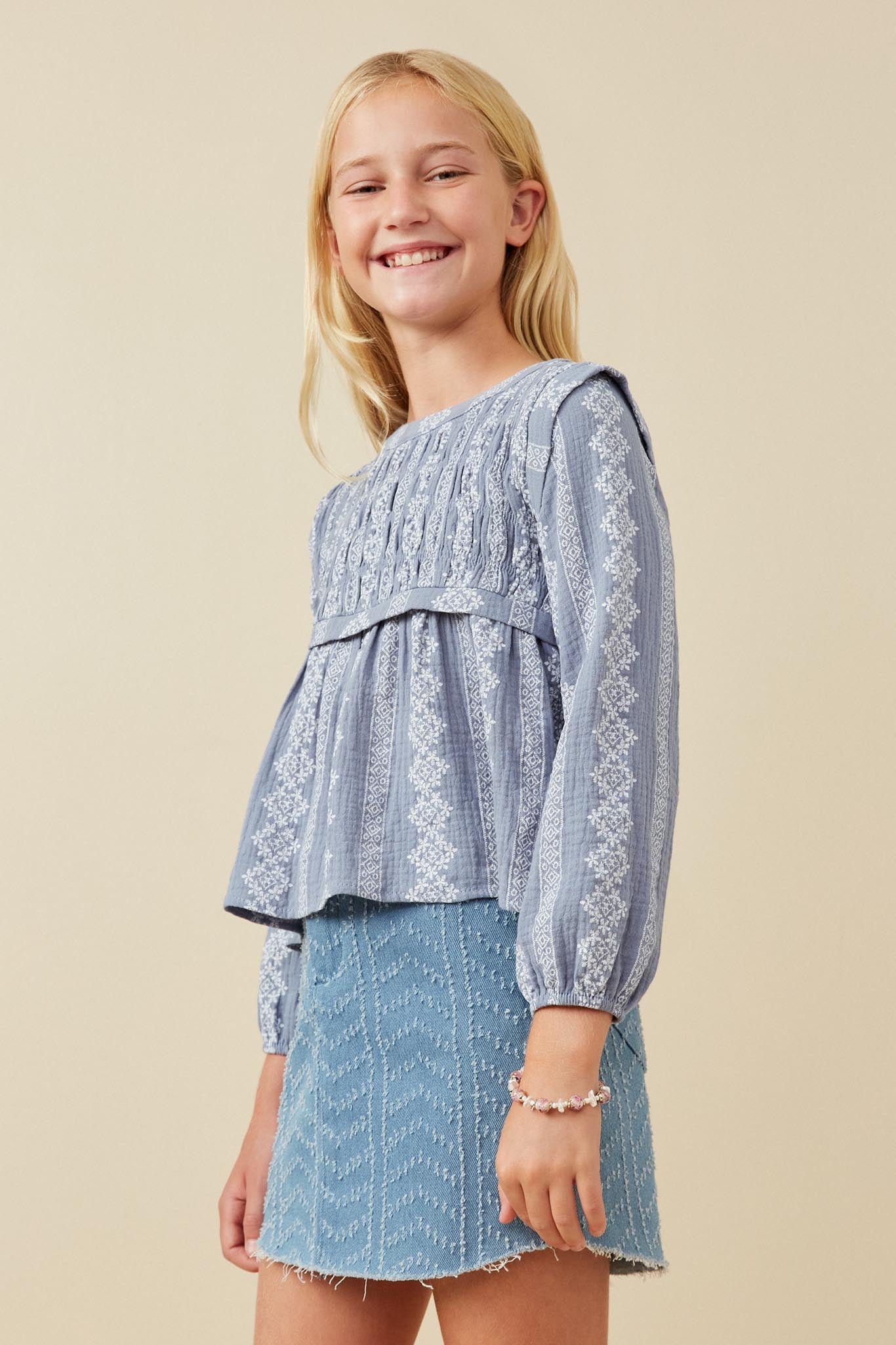 GK1466 Dusty Blue Girls Embroidery Printed Smocked Long Sleeve Top Front 2