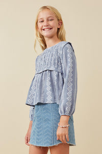 GK1466 Dusty Blue Girls Embroidery Printed Smocked Long Sleeve Top Front 2