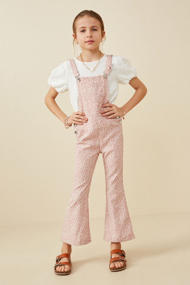 GK1467 Dusty Rose Girls Ditsy Floral Bell Bottom Overalls Front