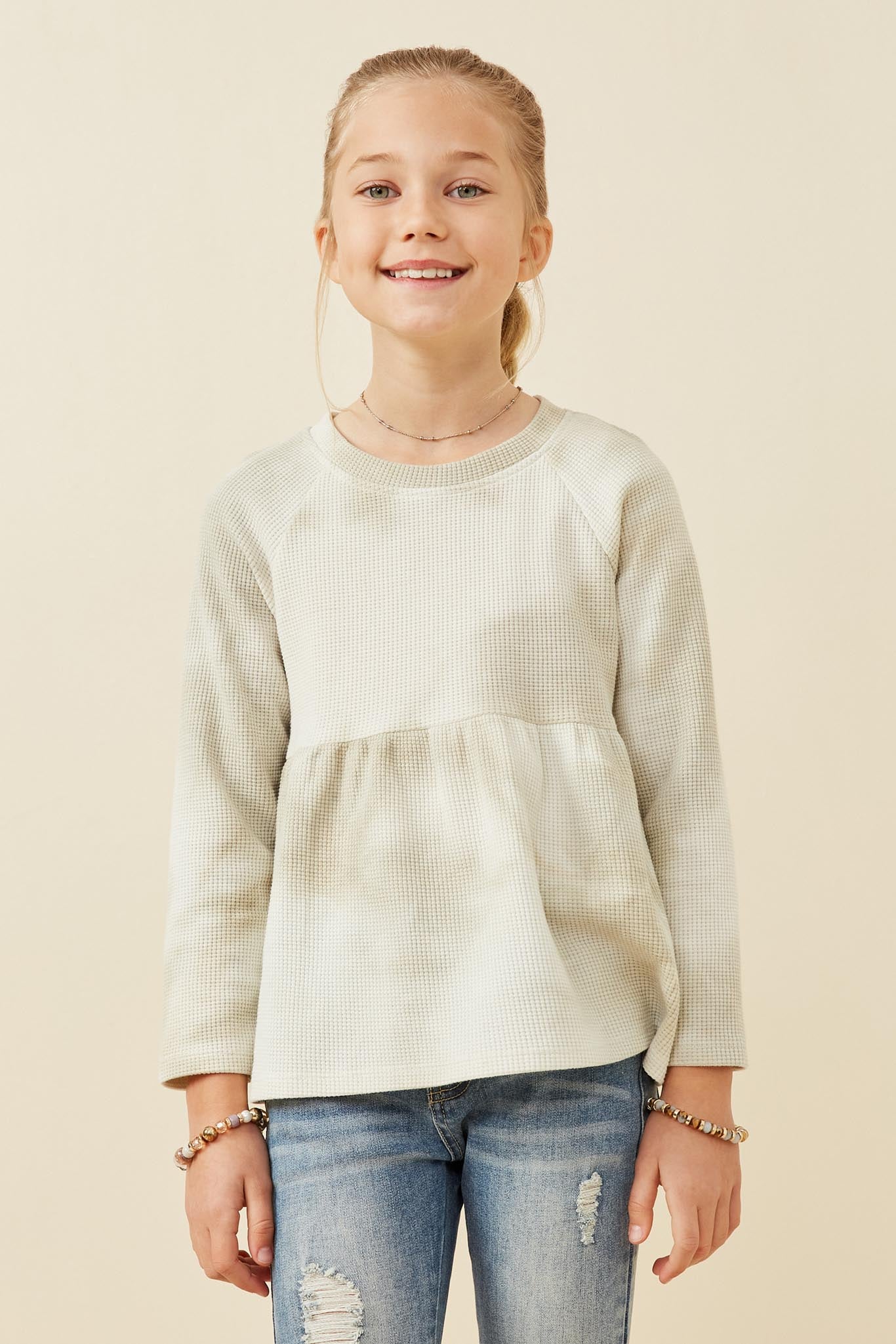 Cloud Printed Waffle Knit Raglan Peplum Top