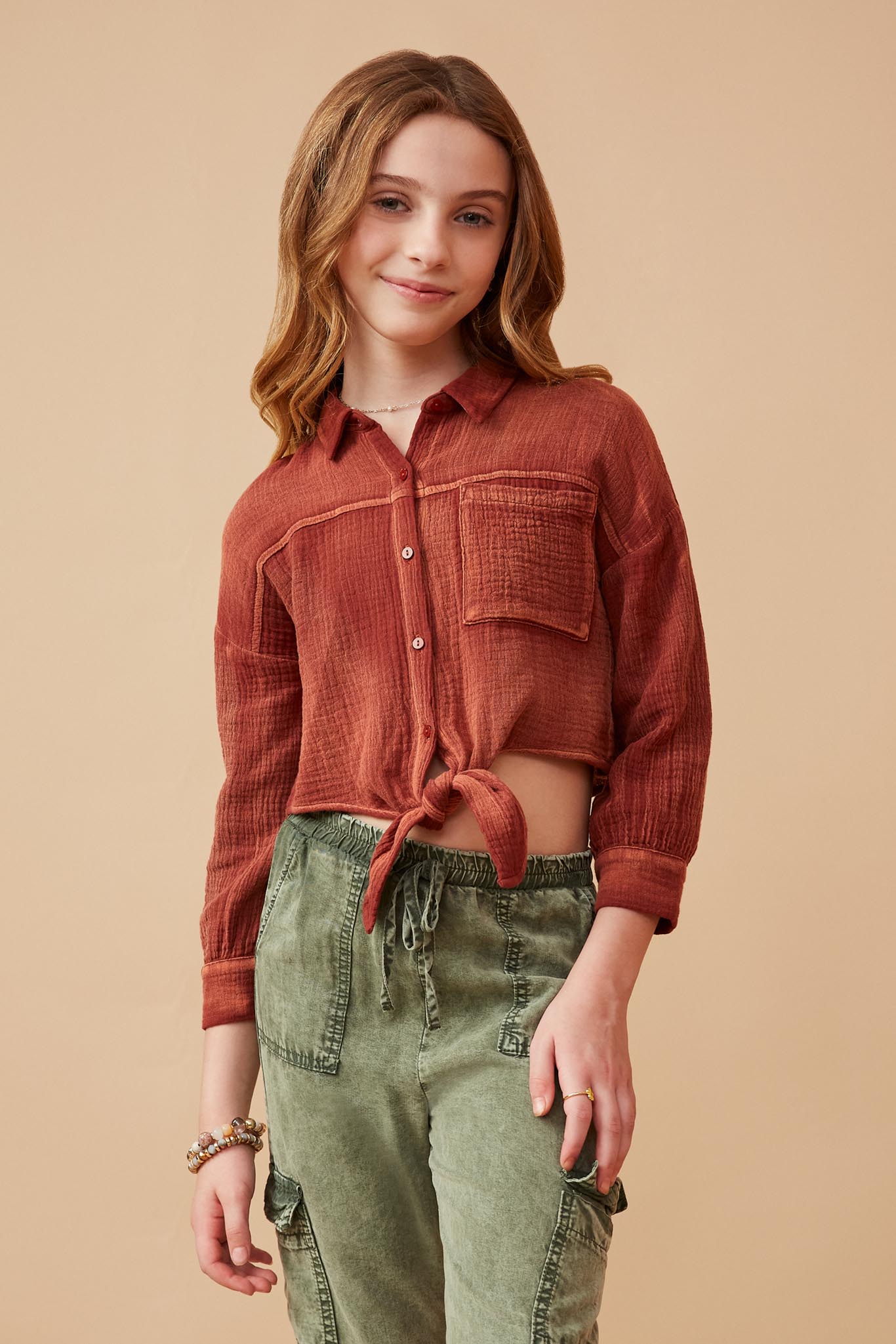 Overdyed Tie Front Button Up Shirt