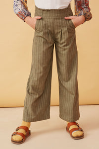 GK1484 Olive Girls Pleated Front Striped Wide Leg Pants Front