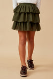 GK1498 OLIVE Girls Elastic Waist Tiered Mesh Skirt Front