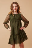 Girls Cinched Puff Sleeve Tiered Mesh Dress Front