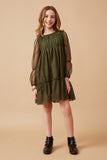 Girls Cinched Puff Sleeve Tiered Mesh Dress Full Body