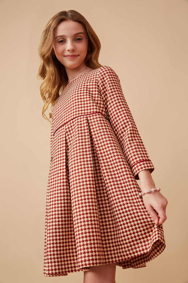GK1514 BURGUNDY Girls Piping Detailed Houndstooth Box Pleat Dress Side