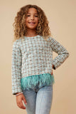 Feather Trimmed Long Sleeve Tweed Top