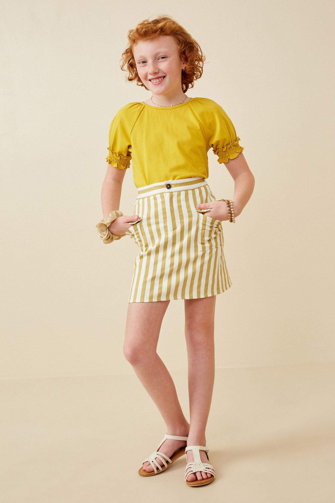 GK1549 Mustard Girls Striped Cargo Pocket Skirt Full Body