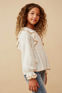 GK1564 TAUPE Girls Contrast Stitch Detail Ruffle Top Side 2