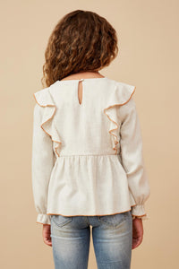 GK1564 TAUPE Girls Contrast Stitch Detail Ruffle Top Back