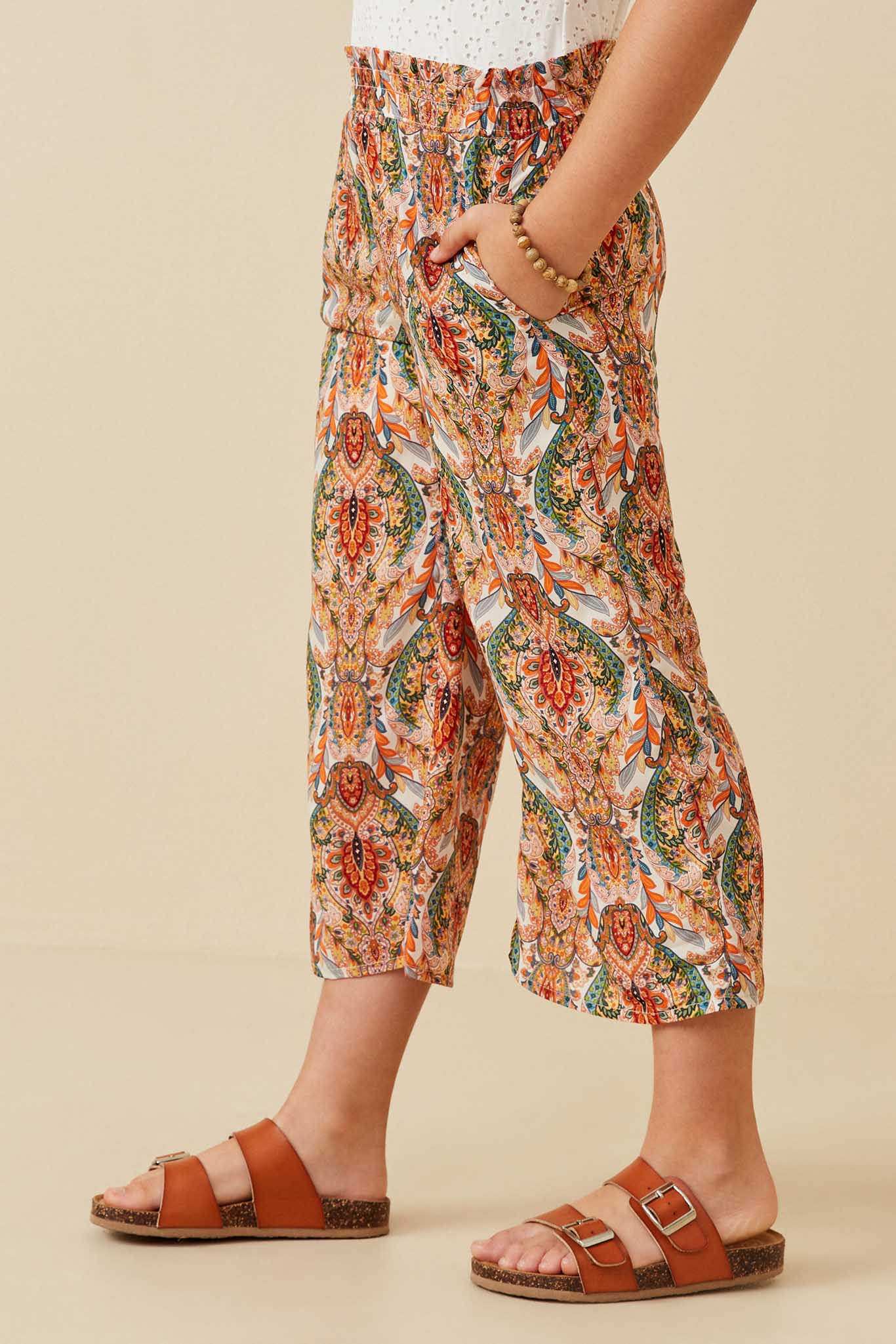 Smock Waist Paisley Print Wide leg Pants