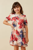 GK1596 PINK Girls Textured Watercolor Floral Print Puff Sleeve Dress Front