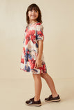 GK1596 PINK Girls Textured Watercolor Floral Print Puff Sleeve Dress Side