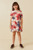 GK1596 PINK Girls Textured Watercolor Floral Print Puff Sleeve Dress Full Body