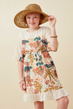 GK1597 IVORY Girls Contrast Tree Print Dolman Sleeve Dress Front