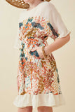 GK1597 IVORY Girls Contrast Tree Print Dolman Sleeve Dress Side