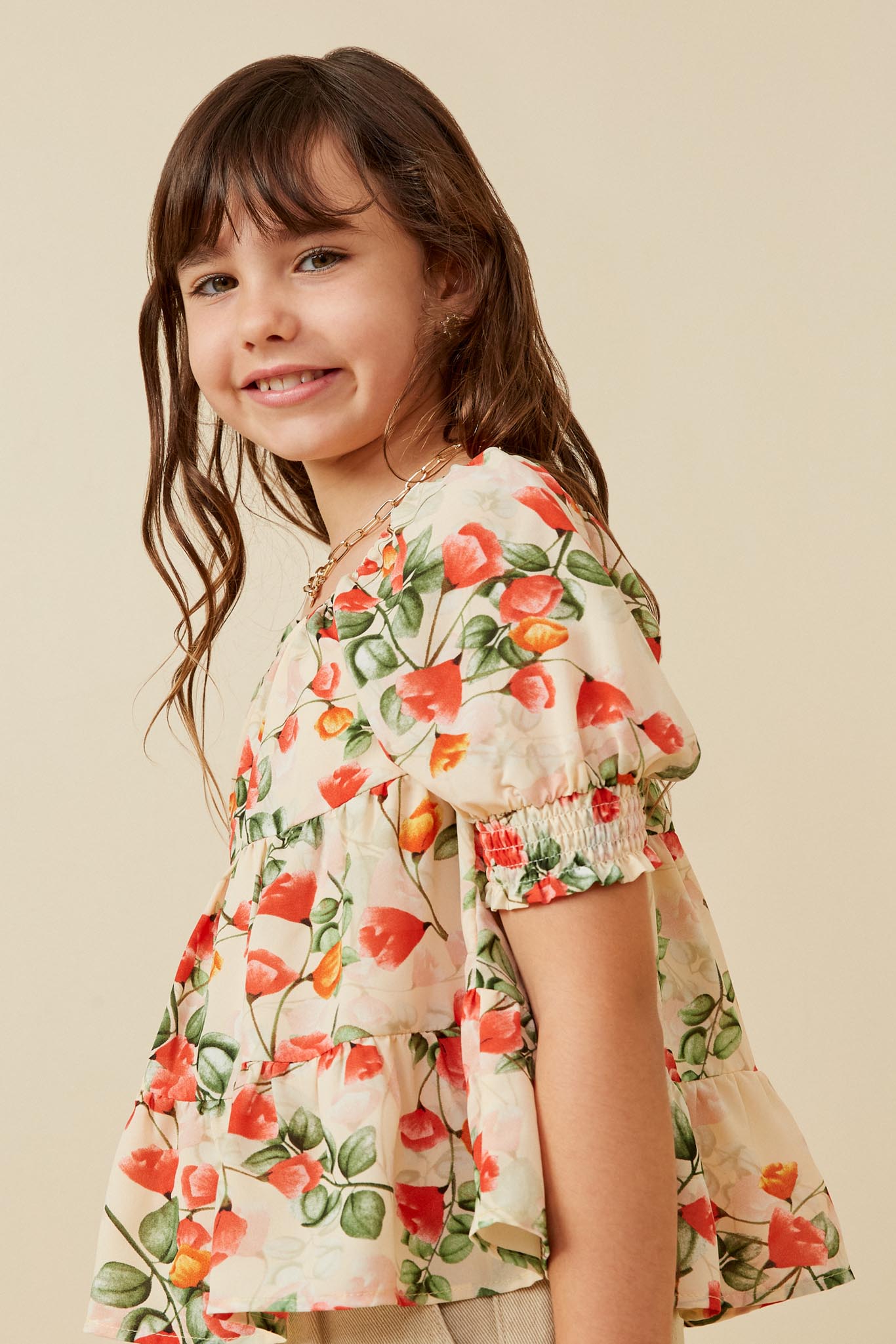 GK1607 Ivory Girls Floral Smocked Sleeve Peplum Top Side