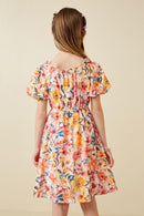 GK1618 Pink Girls Square Neck Puff Sleeve Floral Dress Back