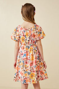 GK1618 Pink Girls Square Neck Puff Sleeve Floral Dress Back