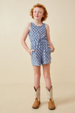 GK1656 Blue Girls Checkered Terry Burnout Tank Romper Full Body