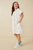 GK1683 Off White Girls Floral Embossed Printed Puff Sleeve Dress Pose
