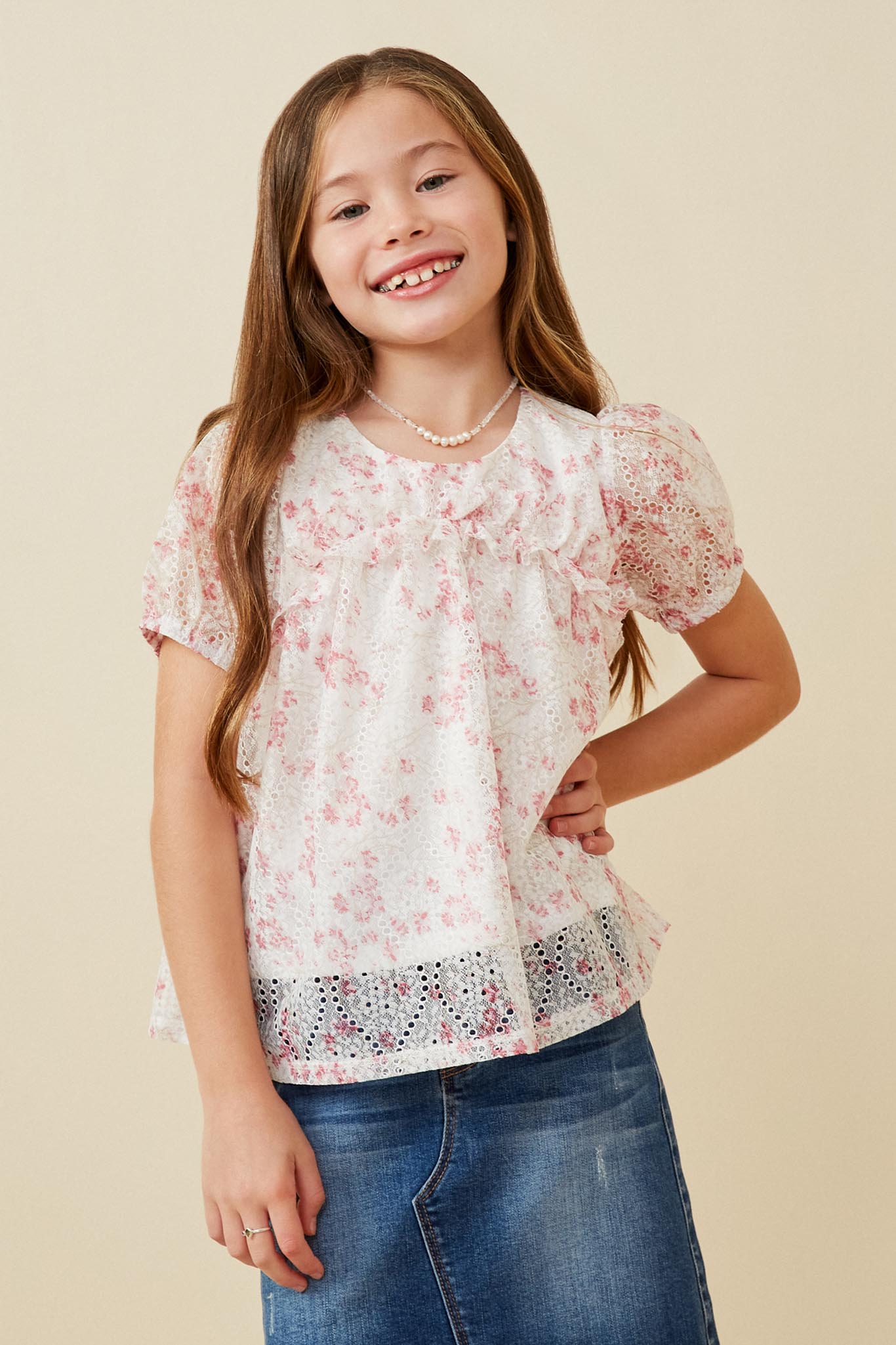 Floral Eyelet Lace Ruffle Peplum Top