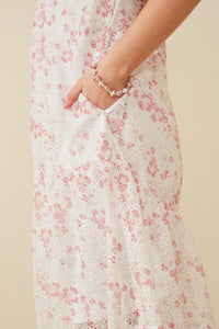GK1685 Off White Girls Floral Eyelet Lace Tiered Cap Sleeve Dress Detail
