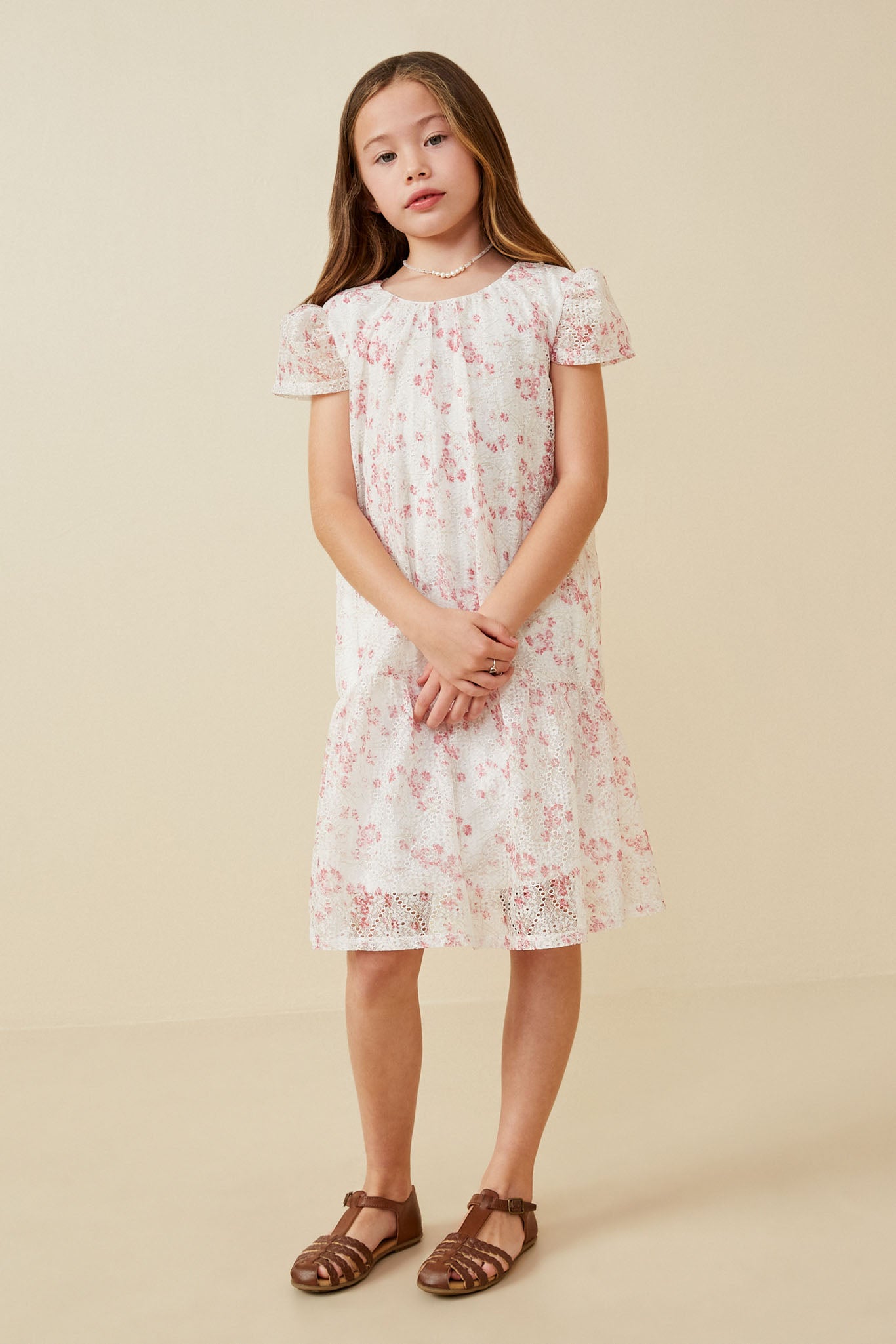 GK1685 Off White Girls Floral Eyelet Lace Tiered Cap Sleeve Dress Full Body