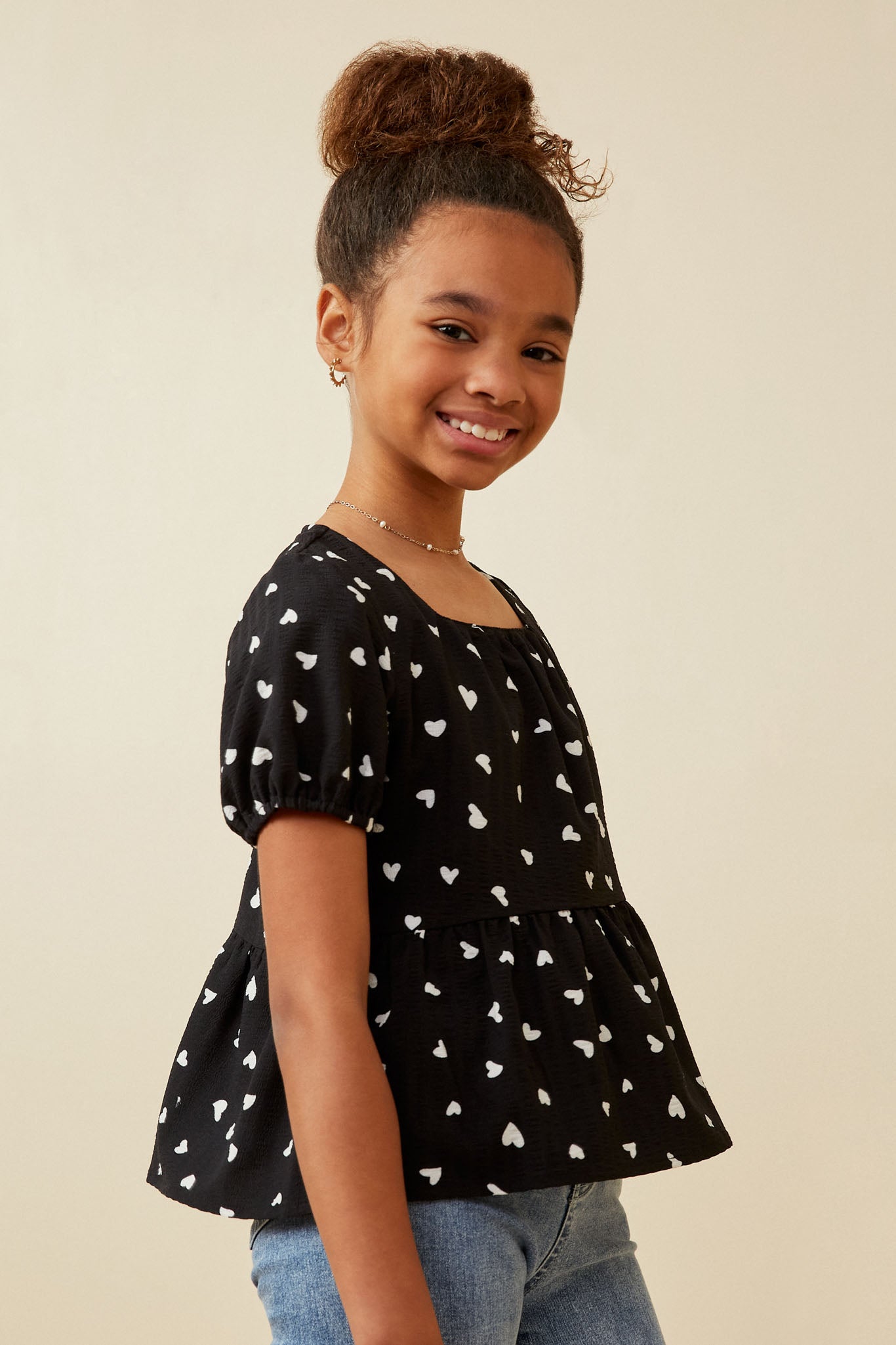 GK1771 Black Girls Heart Print Babydoll Top Side