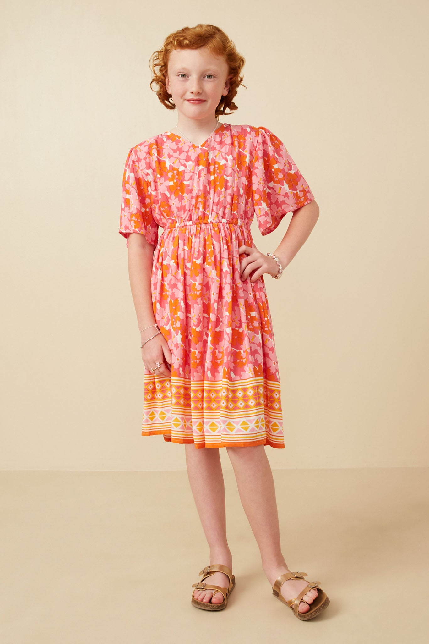 Bordered Hem Floral Print V Neck Dress