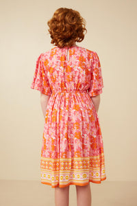 GK1808 Pink Girls Bordered Hem Floral Print V Neck Dress Back