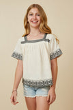 GK1809 Off White Girls Cotton Slub Textured Embroidered Square Neck Top Front