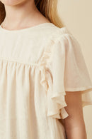 GK1832 Ivory Girls Textured Ruffled Flutter Sleeve Top Detail