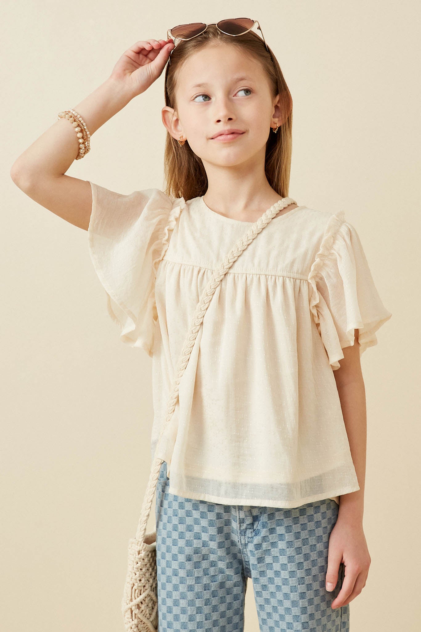 GK1832 Ivory Girls Textured Ruffled Flutter Sleeve Top Front 2