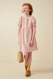 GK1839 Pink Girls Ditsy Floral Cinch Sleeve V Neck Dress Pose